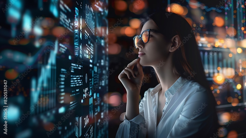 Computer code hologram and woman thinking of data analytics information technology or software overlay at night Laptop solution and IT people with algorithm statistics and cybersecurit : Generative AI Computer code hologram and woman thinking of data analytics information technology or software overlay at night Laptop solution and IT people with algorithm statistics and cybersecurit : Generative AI