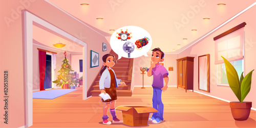 Teenage children in hallway room with package. House inside interior with boy and girl in lobby near staircase. Open box in hall on parquet floor. Large corridor with closet, mirror and stairs design