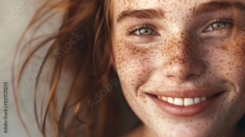 Cheerful freckled young woman looking away smiling laughing Close up of upper face Cropped shot of teenage girl with dry spotted facial skin Skincare natural beauty eye care vision con : Generative AI