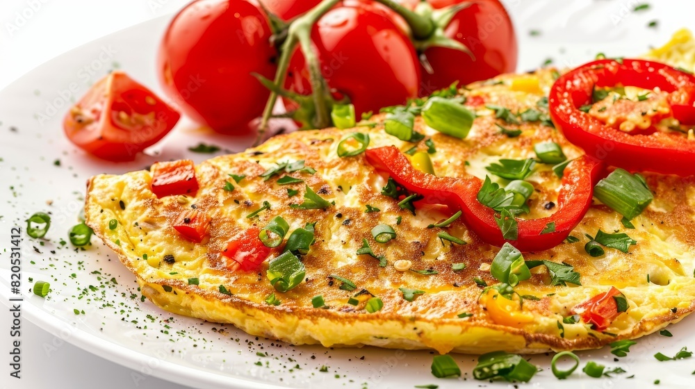 Omelette with fresh red bell peppers, detailed and vibrant, isolated white background, professional studio lighting Omelette with fresh red bell peppers, detailed and vibrant, isolated white background, professional studio lighting