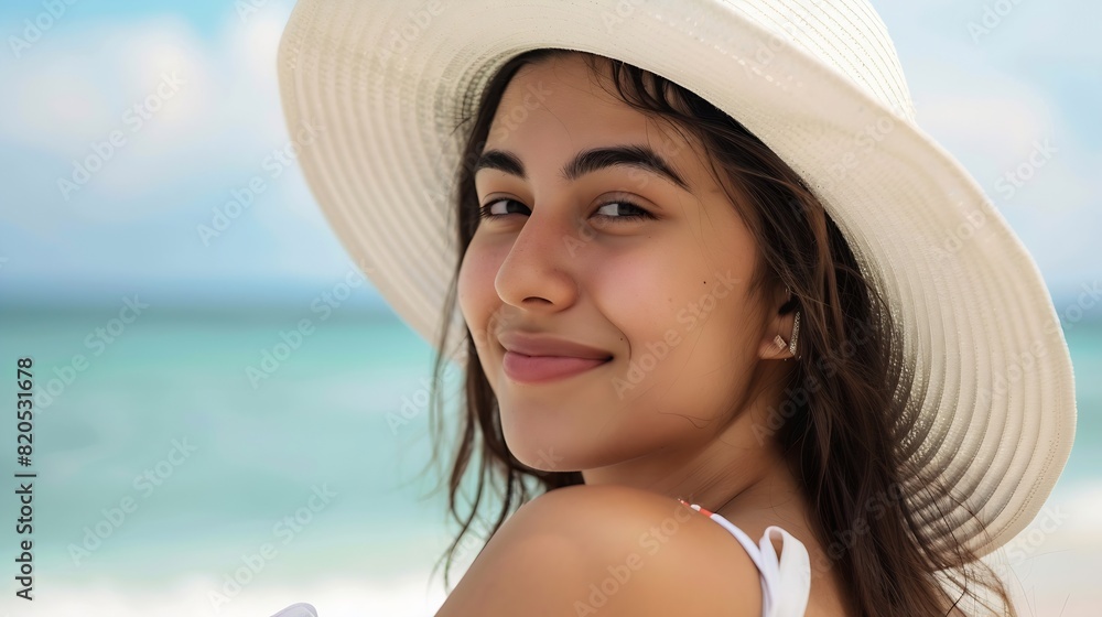 Portrait of stylish latin hispanic woman with white straw hat standing at beach Young smiling woman on vacation enjoy sea breeze wearing straw hat and looking at camera Attractive beau : Generative AI