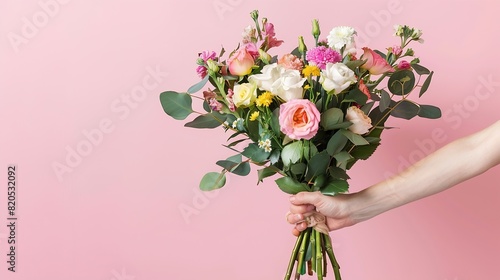 Real Human Hand Holding Beautiful Fresh Bouquet Of Flowers For Bride Or Occasion On Pink Background Colorful Mixed Roses Carnation Shabot Green Leaves Gerber Horizontal Plane Copy Spac : Generative AI