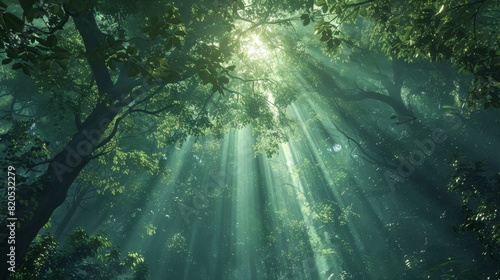Looking up at dense forest canopy  light beams piercing through layers of green  creating a serene and tranquil scene