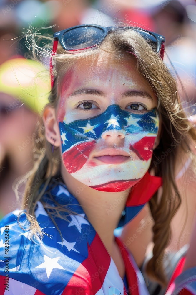young woman with an American flag painted on her face. american independence day. the symbol of the united states young woman with an American flag painted on her face. american independence day. the symbol of the united states