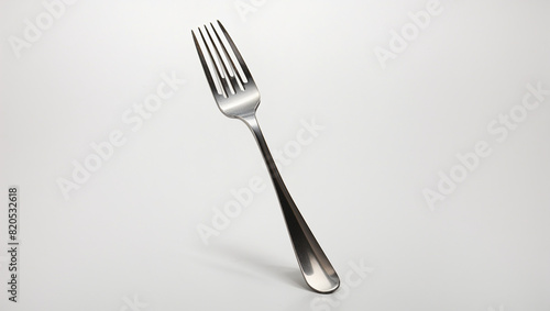 A shiny metal fork with three tines against a white background.

 photo