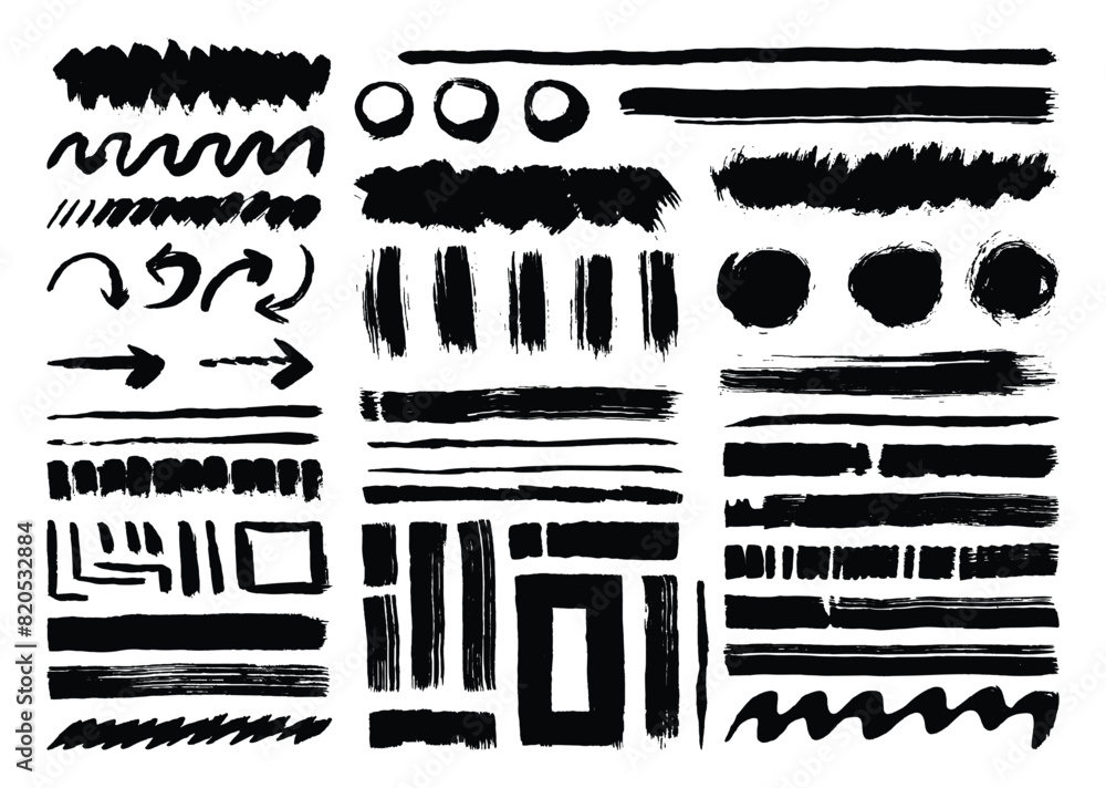 Obraz premium Black brush strokes graphic element set. Artistic brushes template. Lines, circle, arrow, square, and wavy shapes stroke.