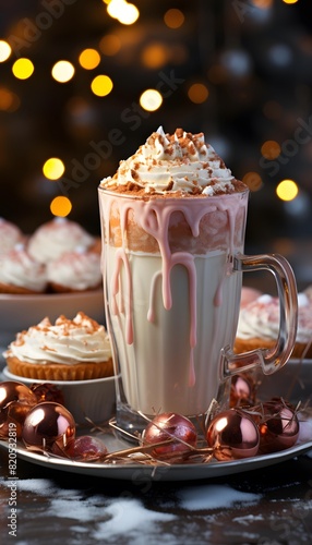Hot chocolate with whipped cream and caramel in a glass cup on a dark background