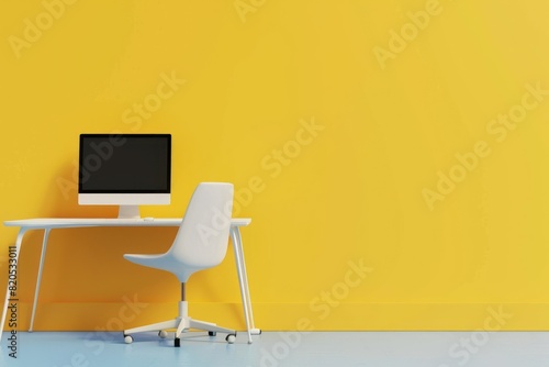Cactus in flowerpot, white cup and computer at workplace on yellow