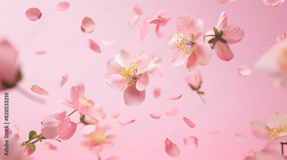 Fresh quince blossom beautiful pink flowers falling in the air isolated on pink background Zero gravity or levitation spring flowers conception high resolution image : Generative AI