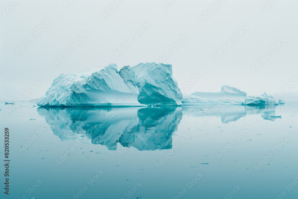 A tranquil icy landscape with icebergs in clean white and blue color tone. A tranquil icy landscape with icebergs in clean white and blue color tone.