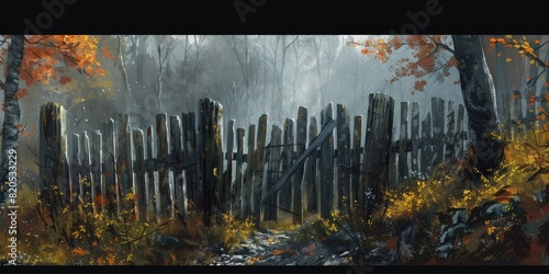 A rustic fence made of old wooden logs on the plot border. Generative AI