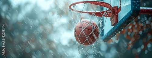 Low-angle perspective of a basketball descending into the hoop, white backdrop, fine detail, smooth lines, hyper-realistic CG 3D art, emphasizing the texture of the ball and net
