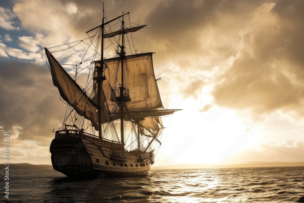 Tall Ship, Sailing ship on a calm ocean, digitally rendered illustration, AI generated Tall Ship, Sailing ship on a calm ocean, digitally rendered illustration, AI generated