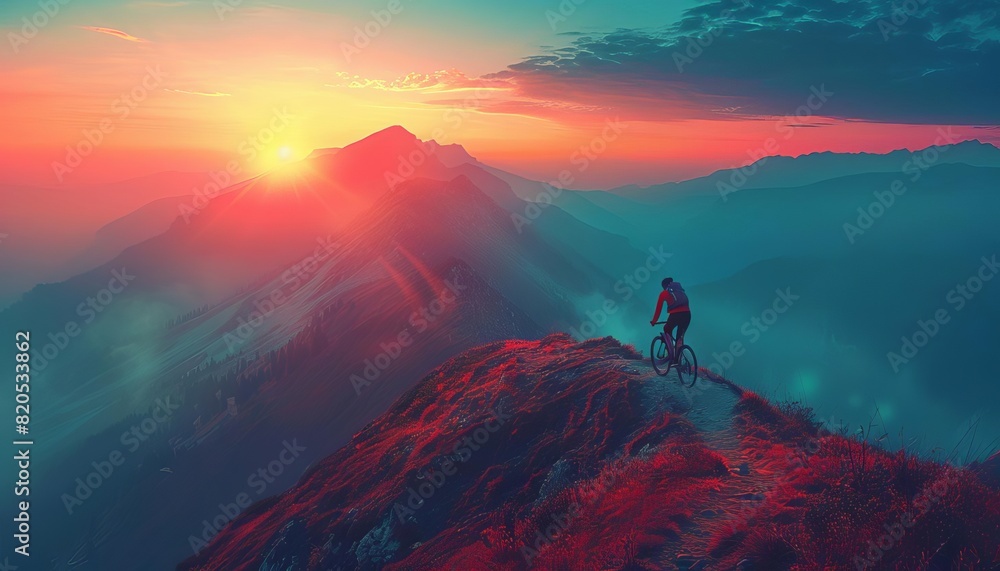 A mountain biker rides along a ridge at sunset