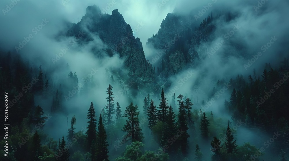 A dark and mysterious forest with a thick fog