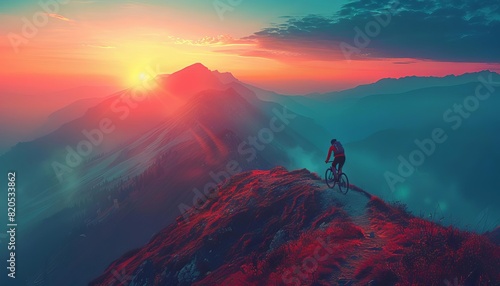 A mountain biker rides along a ridge at sunset photo
