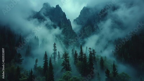 A dark and mysterious forest with a thick fog