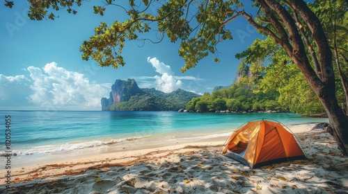 A lone orange tent sits on a beautiful beach. The water is crystal clear and the sand is white and soft. The sun is shining and there are fluffy white clouds dotting the sky. photo