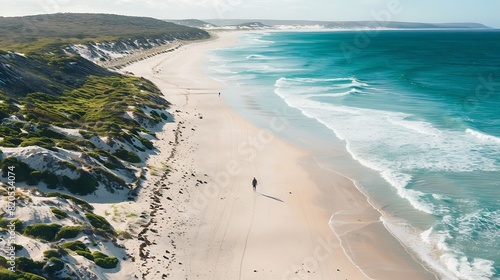 Aerial view of a person along the whole sand beach coastline Esperance Western Australia Australia : Generative AI