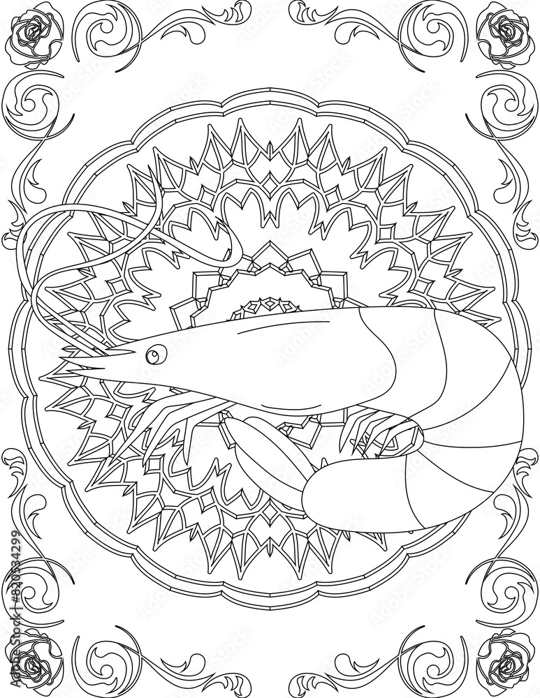 Fototapeta premium Shrimp on Mandala Coloring Page. Printable Coloring Worksheet for Adults and Kids. Educational Resources for School and Preschool. Mandala Coloring for Adults