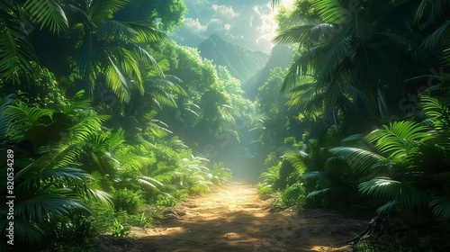A lush tropical jungle with green palm trees and bright sunlight shining through the canopy. photo