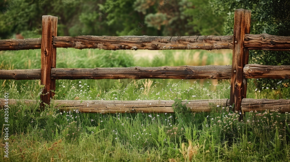 A rustic fence made of old wooden logs on the plot border. Generative AI