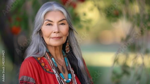 The picture of the american indigenous female standing inside the nature with calm and peaceful, the cultural consultant require skills like the cultural competence and communication skills. AIG43. photo