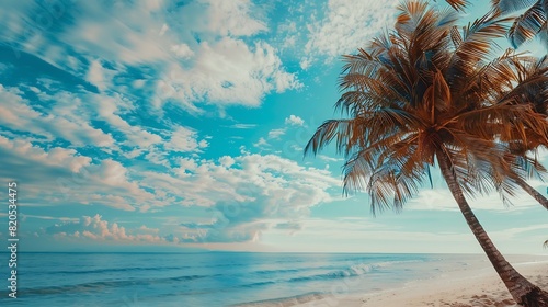 tropical paradise beach with white sand and coco palms travel tourism wide panorama background concept : Generative AI
