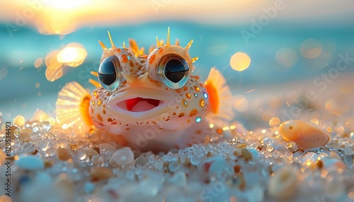 A cute and colorful pufferfish is sitting on the beach, looking at the camera with a curious expression.