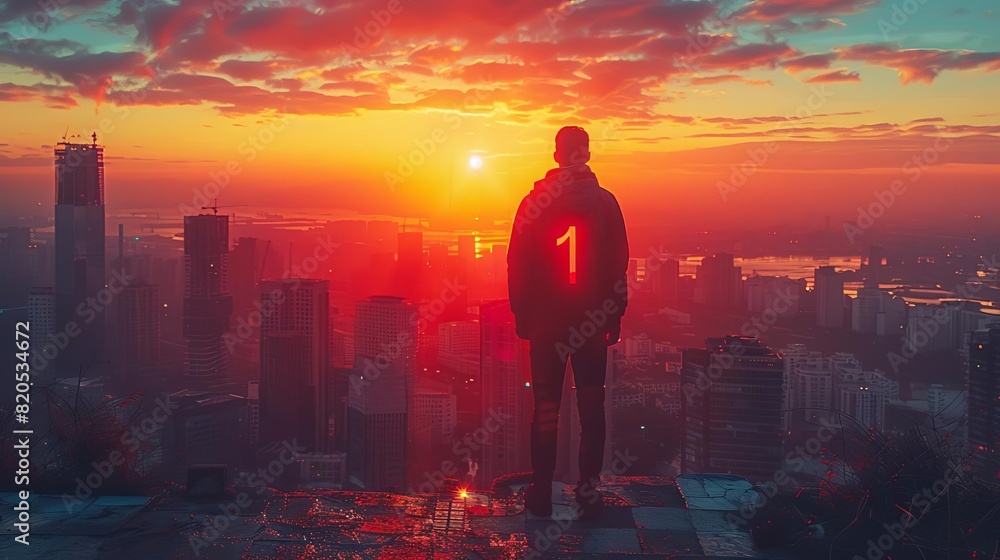 A young man stands on a rooftop overlooking a city A young man stands on a rooftop overlooking a city