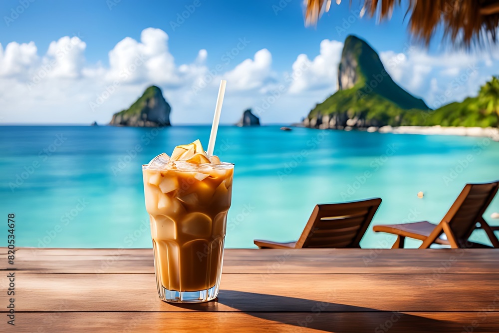 Obraz premium Beach bar's iced cold coffee against a tropical sea view, ai generative