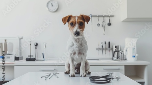 Brown and White Dog Sitting on a Counter
