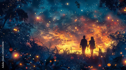 A couple is walking through a beautiful forest at night. The sky is full of stars and fireflies. The man and woman are holding hands and