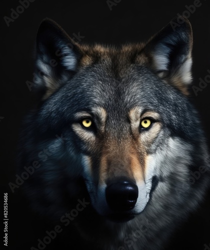 Portrait of wolf on dark background. Polar wolf.