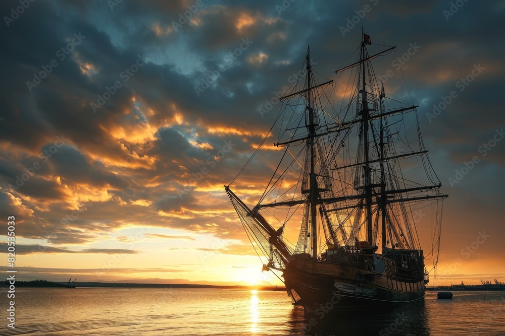 Fototapeta premium Tall Ship, Sailing ship on a calm ocean, digitally rendered illustration, AI generated