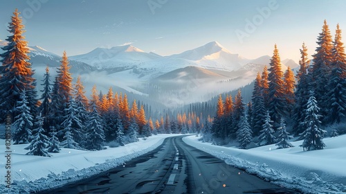 A lone road winds through a snowy forest. The trees are bare, and the snow is thick on the ground. The only sound is the crunch of the snow underfoot. photo