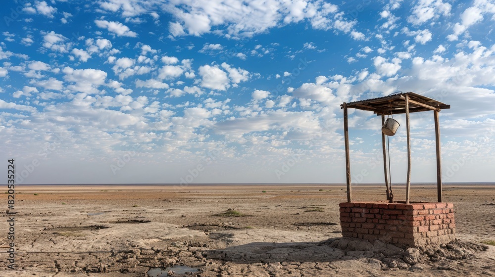 In the midst of a flat, desolate terrain, a brick water well with a wooden canopy stands stoically, a bucket dangling from a fraying rope under the expansive blue sky. In the midst of a flat, desolate terrain, a brick water well with a wooden canopy stands stoically, a bucket dangling from a fraying rope under the expansive blue sky.