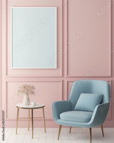 A rectangular white painting hanging on a light pink wall  a luxurious light blue upholstered armchair with a pillow  a coffee table next to it  a modern minimal interior 