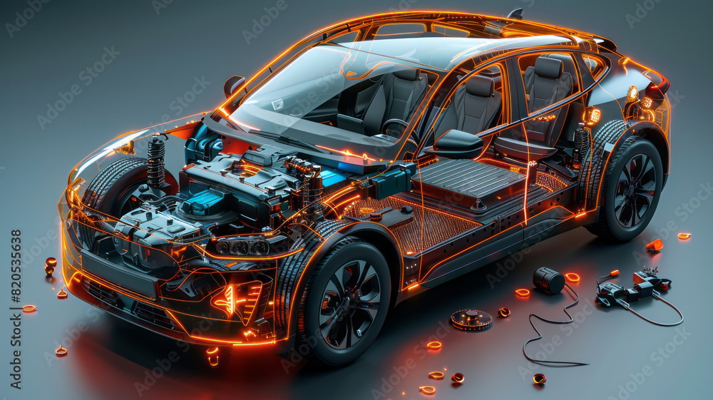 isometric diagram of a cutaway modern EV car showing all the components,generative ai isometric diagram of a cutaway modern EV car showing all the components,generative ai
