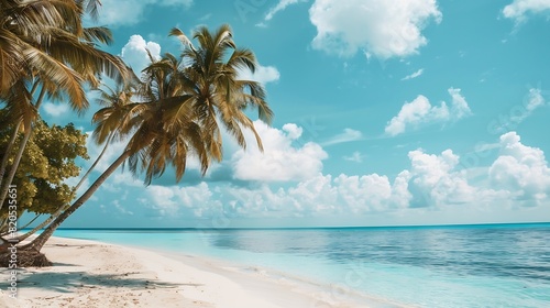 Beautiful tropical beach with white sand palm trees  turquoise ocean against blue sky with clouds on sunny summer day Perfect landscape background for relaxing vacation island of Maldi   Generative AI