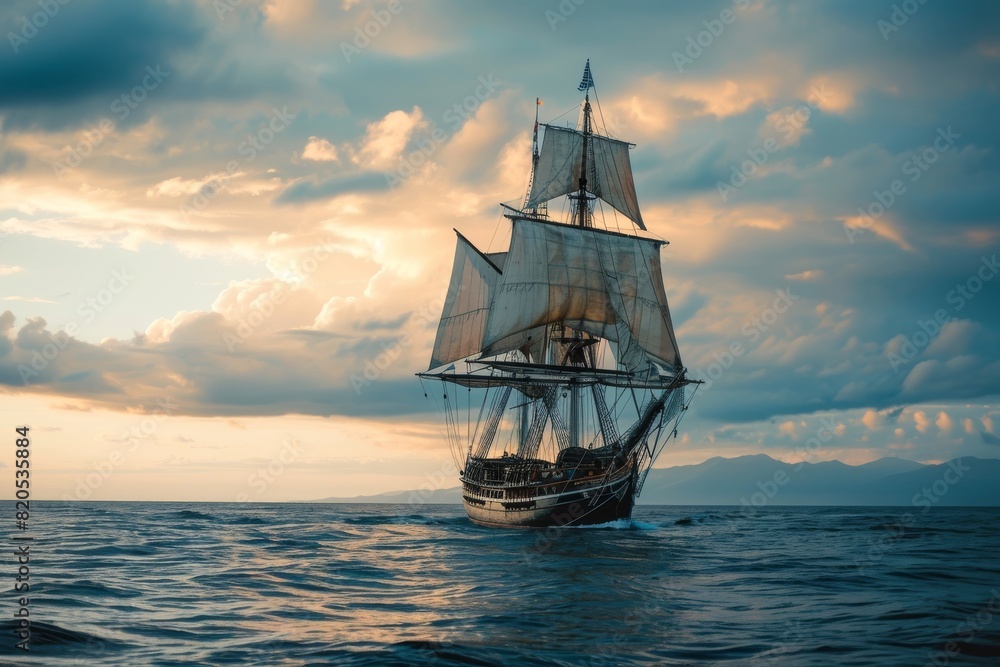 Tall Ship, Sailing ship on a calm ocean, digitally rendered illustration, AI generated