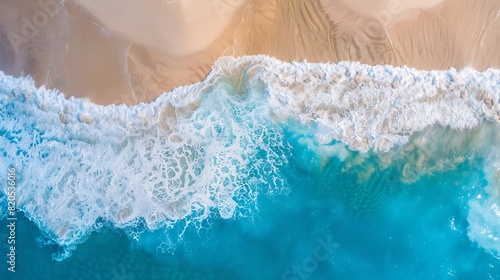 Relaxing aerial beach scene summer vacation holiday template banner Waves surf with amazing blue ocean lagoon sea shore coastline Perfect aerial drone top view Peaceful bright beach se : Generative AI