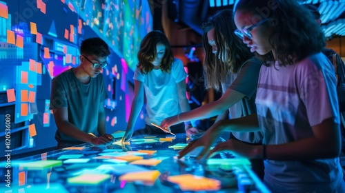 A group of people are working on a computer table with neon lights