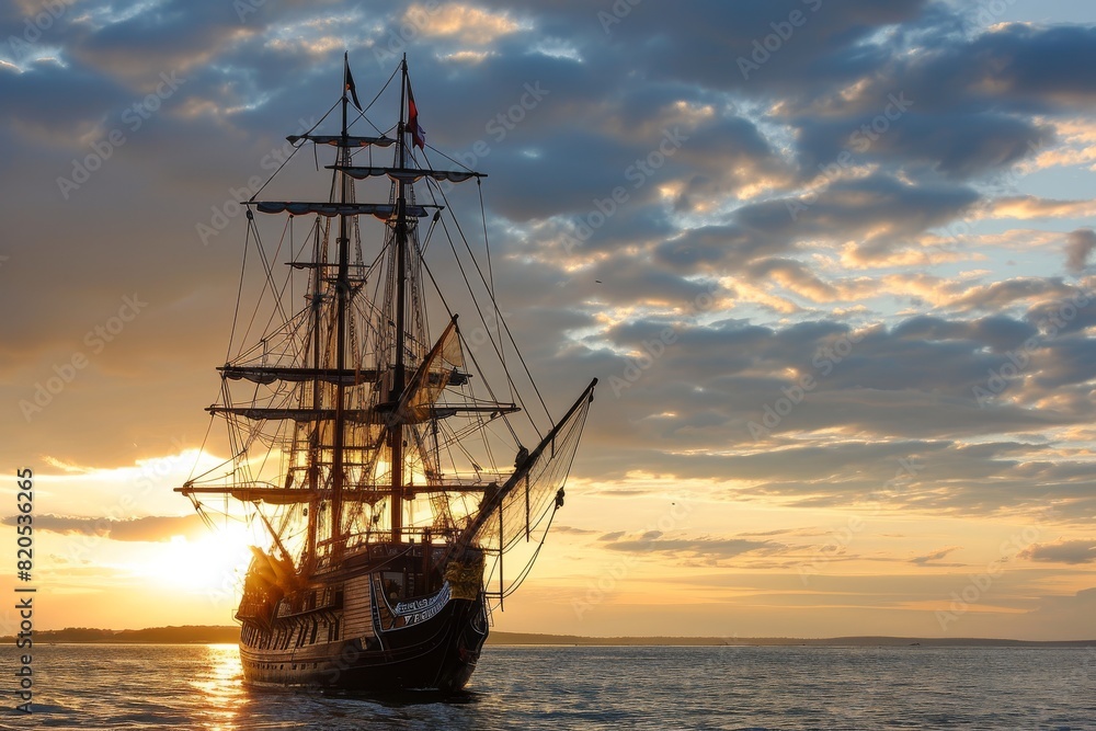 Tall Ship, Sailing ship on a calm ocean, digitally rendered illustration, AI generated Tall Ship, Sailing ship on a calm ocean, digitally rendered illustration, AI generated