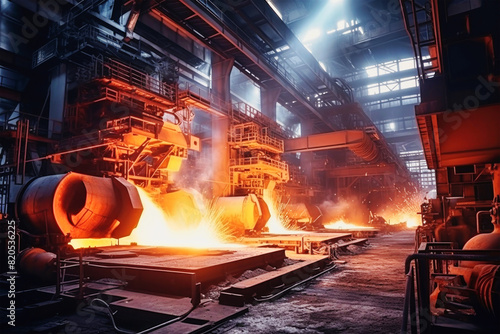 A bustling steel factory filled with industrial machines and workers creating steel products amidst billowing smoke and sparks © Anoo
