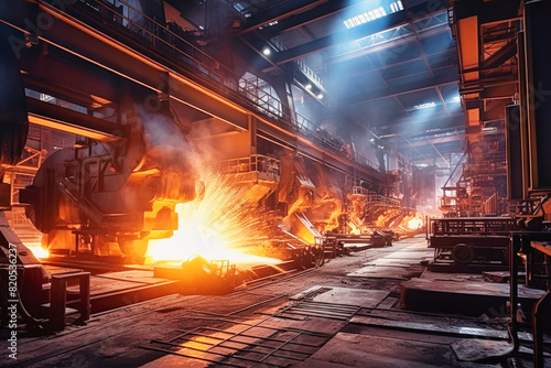 A bustling factory floor filled with a multitude of machines humming with activity, shaping steel into various products