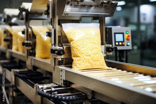 A bag of noodles glides along a conveyor belt inside a bustling pasta factory
