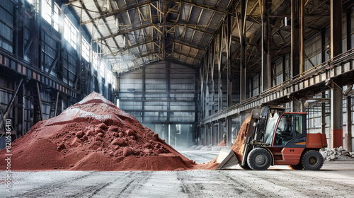 A vibrant red forklift navigates through a warehouse filled with a pile of red dust, showcasing the bustling mining and processing activities of potash fertilizers photo