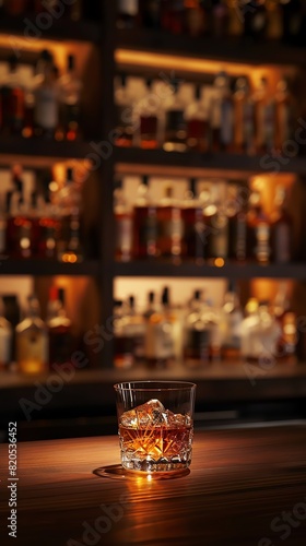 A classic presentation of Japanese whisky in a fine glass  on a dark wooden bar  with a blurred background of bar shelves filled with bottles