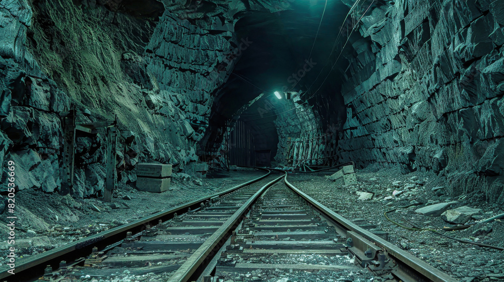 Naklejka premium A majestic train navigates through the depths of a tunnel within an underground cave, surrounded by rock formations and shadows